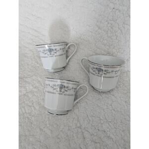 (3) Vintage Diane Tea Coffee Cups Fine Porcelain China 3" White Silver Trim